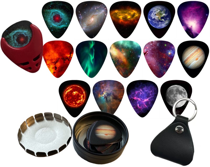 Epic Accessories 14-Pack Space Universe Guitar Picks Medium .71mm Pack of 14 Epic Guitar Picks with BONUS Guitar Pick Holder (will be random color) Leather Guitar Pick Keychain Holder and Tin Carrying Storage Case - Image 1